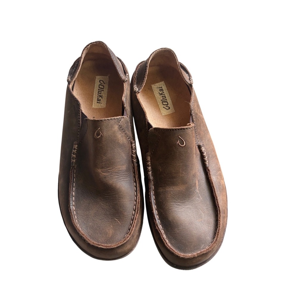 Olukai Moloa Mens Leather Slip On Loafers Dark Wood 10128-6348 Size 11.5